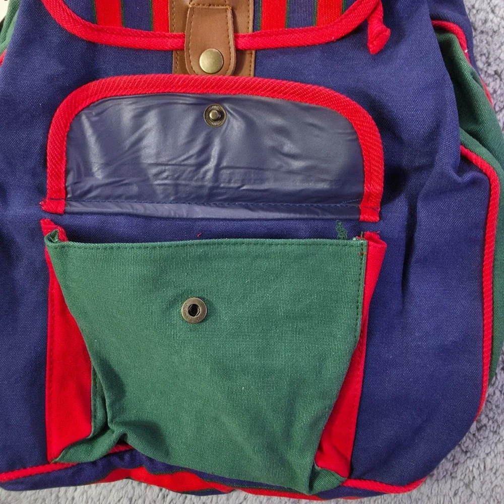 Moni Accessories Vintage Colorblock Canvas Backpack Navy Green Red Striped Strap